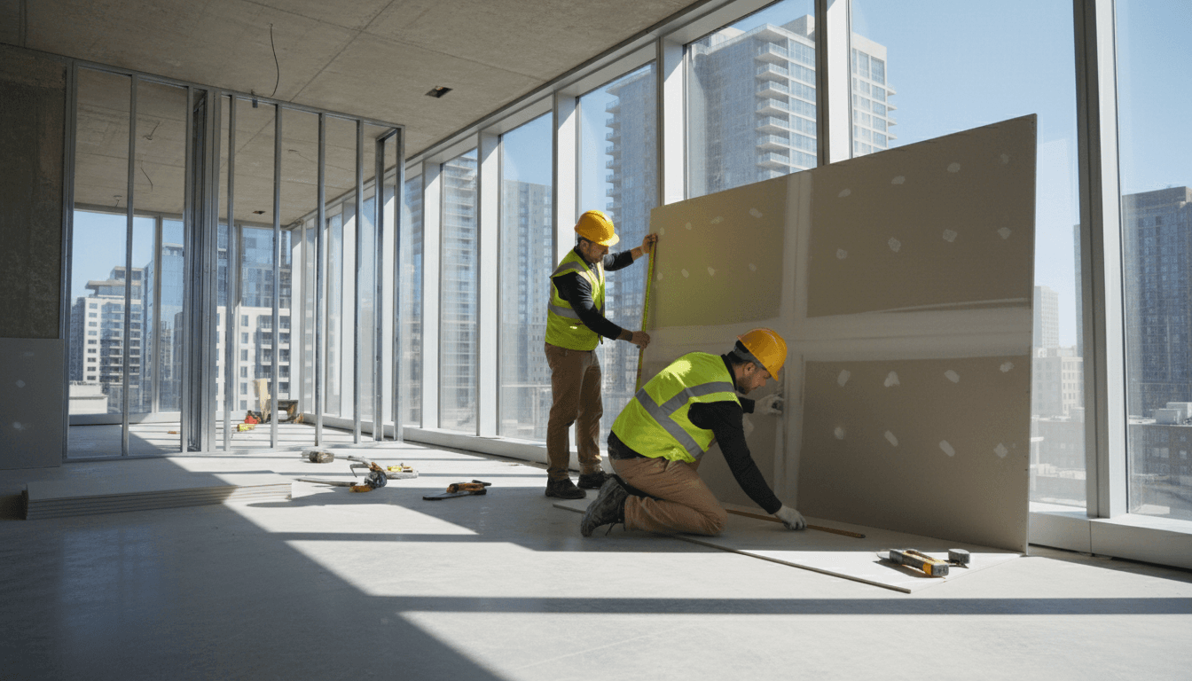 Handwerker bei der Vorbereitung von Trockenbau in modernem Gebäude