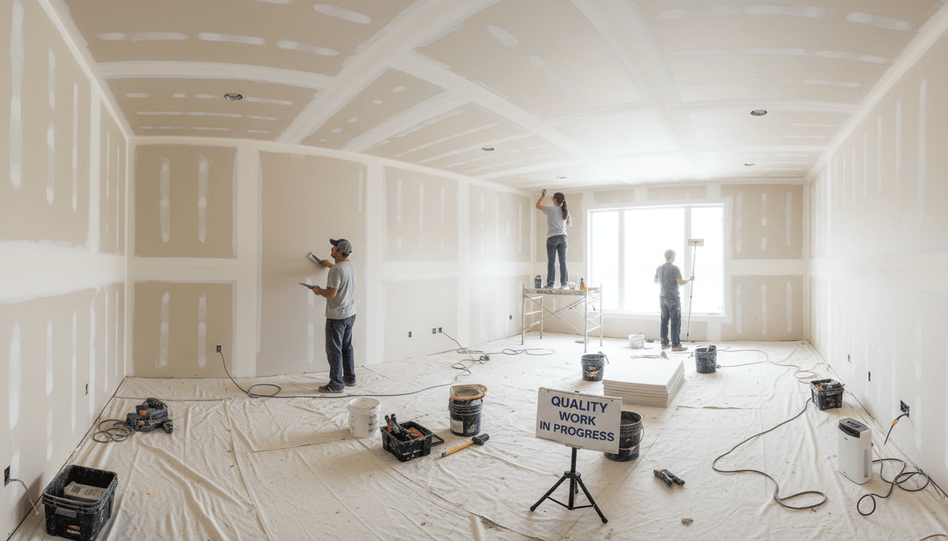 Handwerker führt Spachtelarbeiten an einer Wand durch